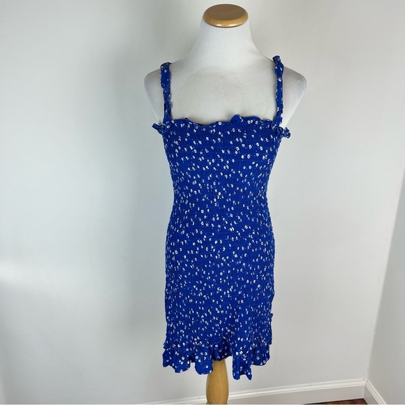 Anthropologie Faithfull The Brand Del Mar Ruched Blue Floral Mini Dress Size S - Picture 7 of 13